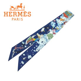 【未使用品】HERMES エルメス ツイリー 私の雲　SUR　MON　NUAGE リボン スカーフ ネイビー　マルチカラー　シルク 箱付