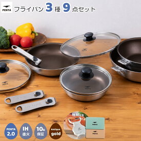 【マラソン10%オフクーポン/P5倍】【 公式 】 ペンタ 2.0 フライパン 3種9点セット 20cm浅型 24cm深型 28cm浅型 各蓋付き 王様フライパン PENTA アンティックゴールド 日本製 取っ手が取れる IH対応 ガス対応 オーブンPFOAフリー 特典スポンジ3個