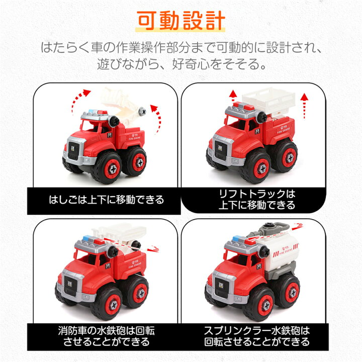 楽天市場 消防車 おもちゃ 4台セット 車 消防車両 組み立て Diy 工具 消防車コレクション 緊急救援車両 モデルカー 創造性と想像力を育てる 収納車 模型 モデルカー 知育玩具 3歳4歳5歳6歳7歳 子供 誕生日 入園 ギフト プレゼント 贈り物 収納ケース付き 海外通販