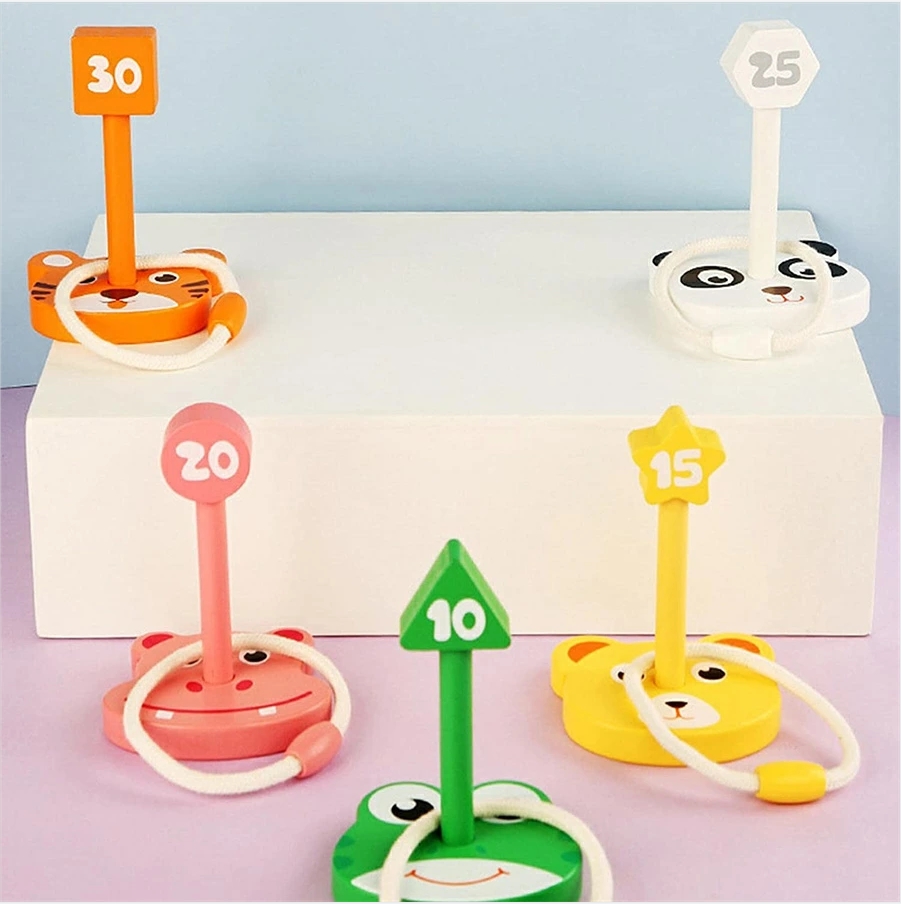輪投げセット 木製リングトスゲームセット おもちゃ 漫画の動物投げゲーム 子供 屋内屋外ゲーム 5ウッドベースと5 リングが含まれています お子様への誕生日  プレゼント