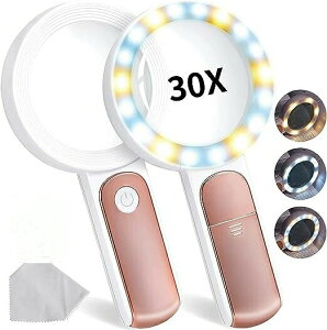 LEDライト付き拡大鏡ルーペ、ローズゴールド 30X HD拡大鏡、18個の調整可能なLEDライト、高齢者の読書、宝石、コイン、スタンプの識別に適している