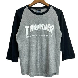 ★ポイント10倍！ 24日20:00~27日9:59★ THRASHER　ラグランTシャツ　七分袖　　カットソー　トップス　クルーネック　プリント　ロゴT　ブランドロゴ　バイカラー　ストリート　古着