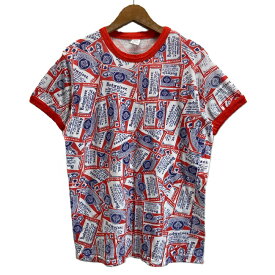 5050　リンガーT　Tシャツ　半袖　カットソー　トップス　クルーネック　コットン　ポリエステル　プリント　総柄　Budweiser　USA製　古着