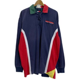 TOMMY HILFIGER　ポロシャツ　90's vintage　長袖　シャツ　トップス　レースアップ　ミックスカラー　ブランドロゴ　ワッペン　オーバーサイズ　古着