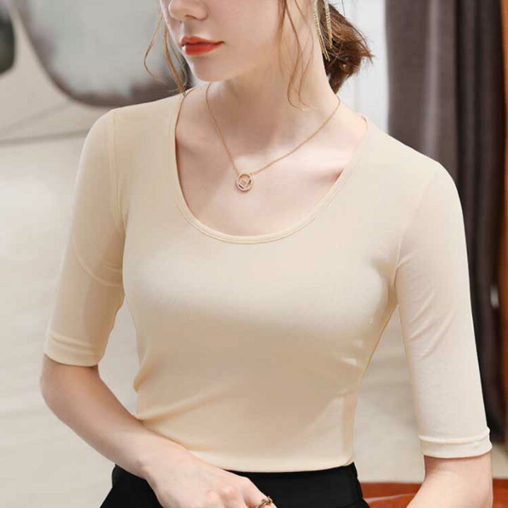 楽天市場】5分袖tシャツ レディース Uネック tシャツ 袖透け感 全13色  