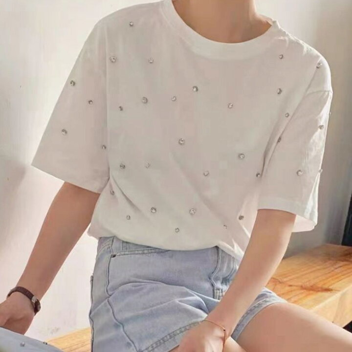 楽天市場】 きらきら Tシャツ キラキラ クルーネック ビジューTシャツ  
