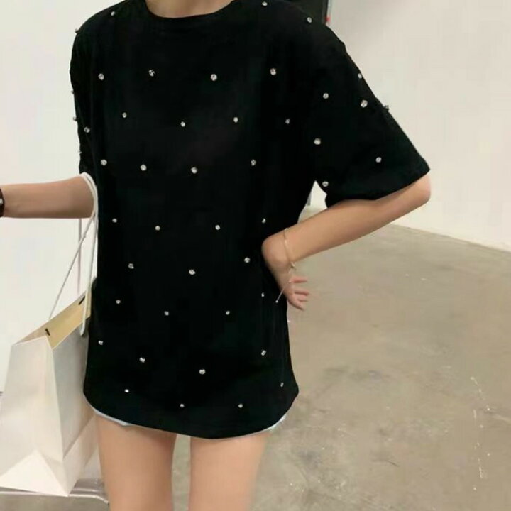 楽天市場】 きらきら Tシャツ キラキラ クルーネック ビジューTシャツ  
