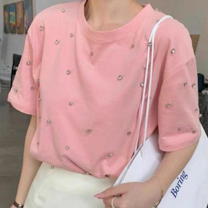 楽天市場】 きらきら Tシャツ キラキラ クルーネック ビジューTシャツ  