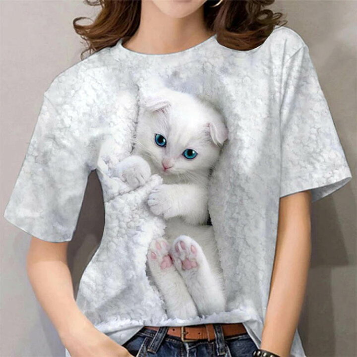 楽天市場】3D 猫プリントtシャツ 3D柄 カットソー レディース 半袖 3D 