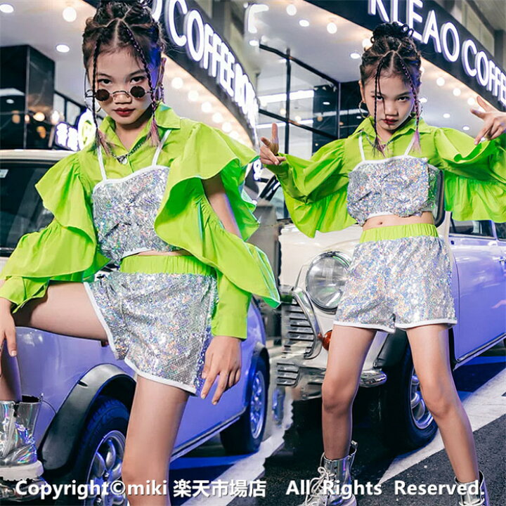 楽天市場】新作！蛍光色 スパンコール キッズダンス衣装 チアダンス 