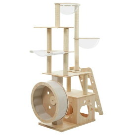 キャットタワー 猫タワー キャットツリー 据え置き ランニングホイール付き 多頭飼い 宇宙船 ネコタワー 高さ165.5cm 上り下りしやすい 爪とぎポール 木製 可愛い 子猫 大型猫 ペット用品 高い安定性 頑丈 運動不足解消 おしゃれ
