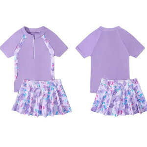 送料無料 キッズ水着 女の子 セパレート型 水着 2点セット 95-155cm ジュニア水着 スクール水着 半袖 体型カバー トップス+スカート インナーパンツ付き 子供水着 幼稚園 小学生 中学生 海水