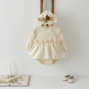 ベビー ドレス ロンパース ワンピース 帽子付き 出産祝い 誕生日 結婚式 長袖 チュールスカート かわいい 花 入園式 セレモニードレス ベビー服 ベビードレス ベージュ 幼児 女の子 赤ちゃん