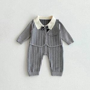 ベビー ロンパース 長袖 男の子 新生児 赤ちゃん ベビー服 秋冬 冬 秋 ベビー ニットロンパース ストライプスーツ風 フォーマル お食い初め 服 結婚式 お呼ばれ キッズ セレモニードレス お