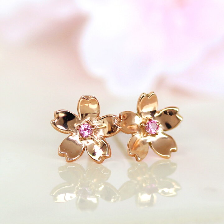 楽天市場】桜モチーフ ピンクトルマリン 18K ピンクゴールド スタッド 
