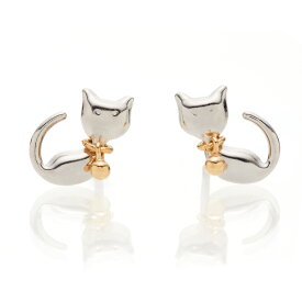 【最短当日出荷】猫モチーフ K18 K14 バイカラーゴールド スタッドピアス・ルシャ18金 14金 18K 14K ホワイトゴールド 日本製