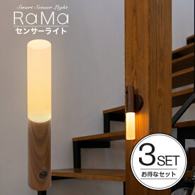 《3個セット》人感センサーライト 屋内 無垢材 使用 RaMa（ラーマ）充電式 〔 防災グッズ 非常用ライト オシャレ おしゃれ 人感 センサー ライト 廊下 LED 照明 ウォルナット インテリア 雑貨 クローゼット 天然木 USB 赤外線センサー 電球色 自動点灯 LEDライト 母の日 〕