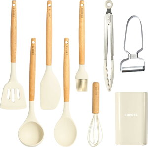 カローテ キッチンツールセット9本 シリコン製 調理器具セット フライ返し おたま トング 泡立て器 へら ハケ スプーン浅 ピーラー ツールスタンド 高耐熱性 ベージュ(9点セット)