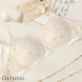 ＼10％OFFクーポン☆FASHIONフェア／ブラレット シルク100%カップ 総レース 月 星 ゴールド箔プリント loveロゴ スカラップレース ブラジャー 三角ブラ ノンワイヤー 透け感 オートミール S/M/L/XL 送料無料 ctbra kinu15