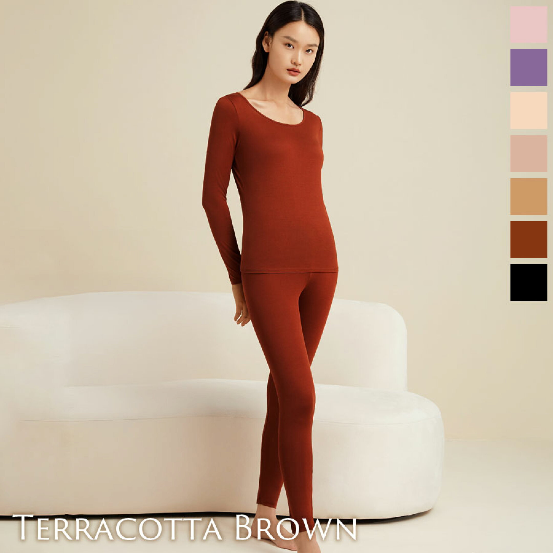 テラコッタブラウン：シルク100ジャージーラウンドネックカットソーセットアップ