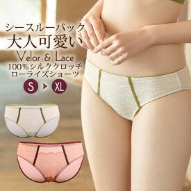 ショーツ 100％シルククロッチ ベロア レース 配色 バイカラー シルクショーツ シースルーバック 異素材コンビ スカラップ 透け感 ミルキーホワイト/コーラルピンク S/M/L/XL 送料無料 ctsho kinu20