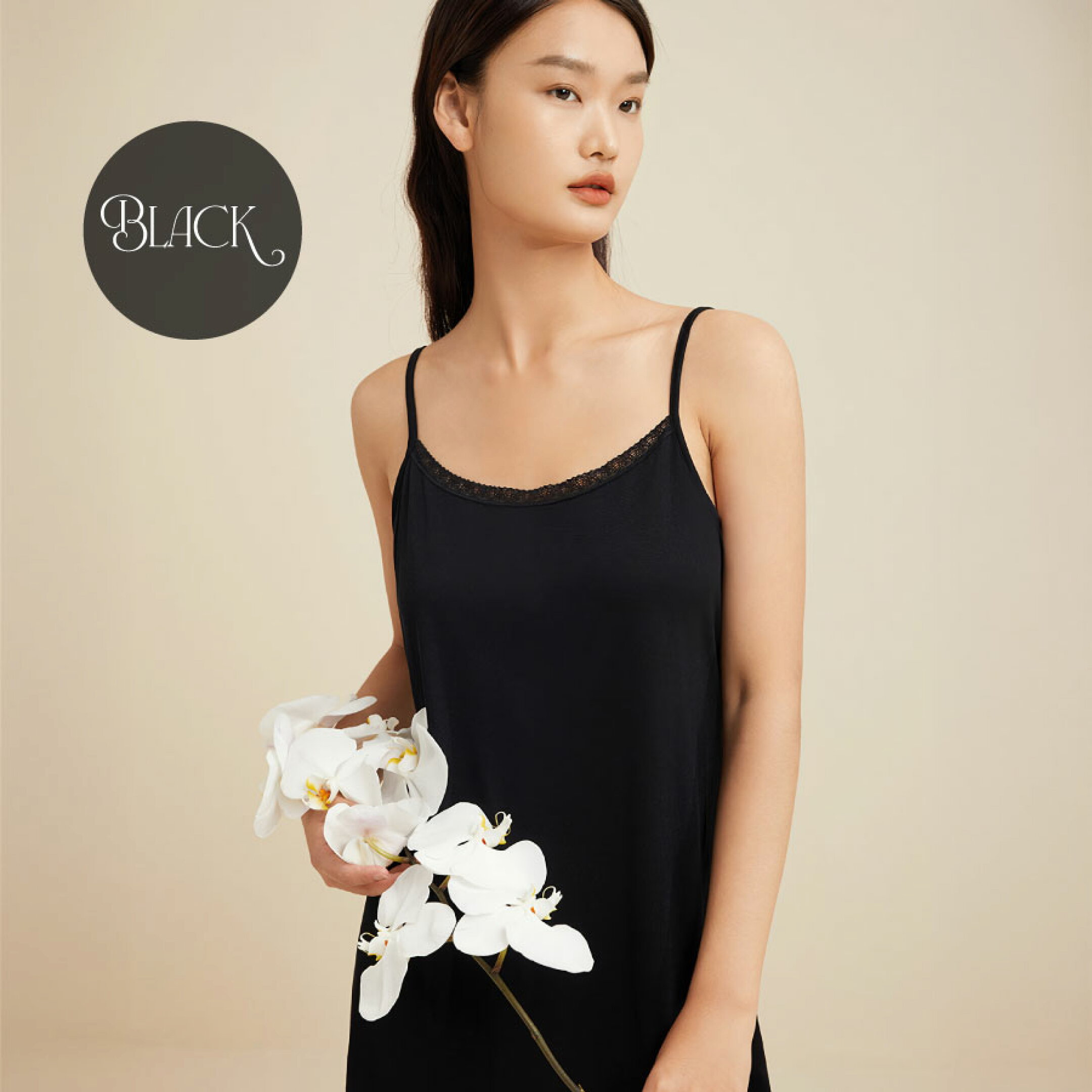 ブラック：シルク100ジャージー胸元レースミディアム丈スリップ