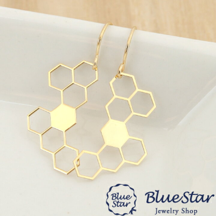 楽天市場】ハニカムデザインのシンプルフックピアス K18YG BlueStar 