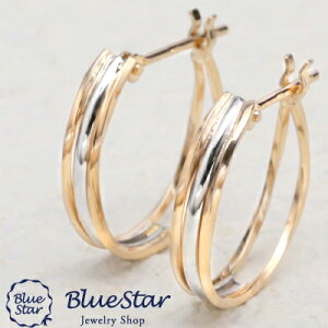 3ラインデザインフープピアス Pt900/K10YG BlueStar ゴールドにプラチナのラインがおしゃれなフープピアス
