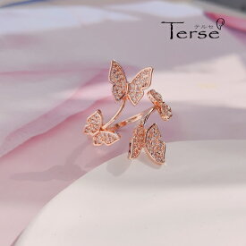新作 Terse CZダイヤを敷き詰めた空を舞う蝶の優雅な美しさを表現しているフォークリング　指輪 サイズフリー レディース 蝶々 バタフライ アゲハチョウ かわいい 人気 おしゃれ お出かけ パーティー 二次会 誕生日 デート 普段使い プレゼント　ピンクゴールド rs0128apg