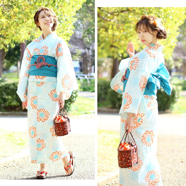楽天市場 浴衣 単品 レディース 綿麻浴衣 菊 丸菊 水色 オレンジ 白 フリーサイズ 女性 ゆかた レディース 浴衣 きものセレクトショップkirakukai