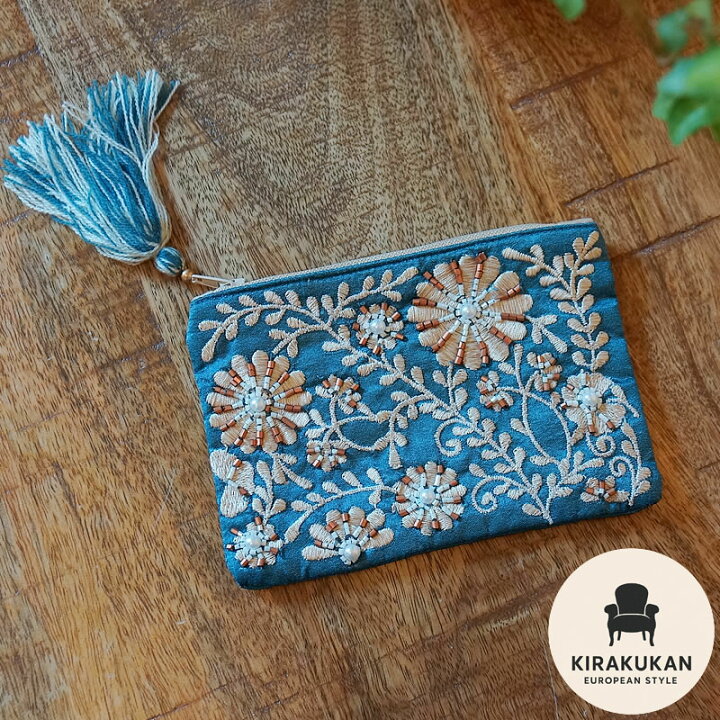 楽天市場】ビーズ刺繍ミニフラットポーチ BL 小物入れ 【 メール便使用 