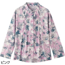 斜め釦ホールピンタックブラウス レディース シニアファッション 婦人 花柄 高齢者 服 おばあちゃん 小さいサイズ Sサイズ 大きいサイズ 3L 春夏 外出着 お出かけ着 ストレッチ素材 洗濯機対応 乾燥機対応 名前記入欄付 長袖 トップス