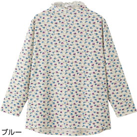 後ろ長めTシャツ レディース シニアファッション 婦人 小花柄 高齢者 服 おばあちゃん 小さいサイズ Sサイズ 大きいサイズ 3L 春夏 外出着 お出かけ着 ストレッチ素材 洗濯機対応 乾燥機対応 名前記入欄付 身幅ゆったり 長袖 トップス