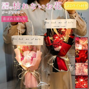 ソープフラワー 花束 手提げ袋付き カーネーション バラ LEDライト付き イルミネーションライト ブーケ 枯れない花 造花 石鹸花 プレゼント ギフト