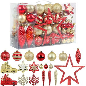 クリスマス ボール オーナメント ツリー 飾り 100PCS・20種類 ツリートッパー付き キラキラ 北欧風 おしゃれ 豪華 プレゼント (ツリートップ付き, 赤&金)