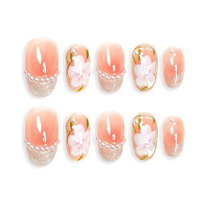 手作り ネイルチップ ミディアム オーバル 人気 3d マグネット デザイン ピンク パール 椿 ファッション 可愛い 和柄 収納ボックス付き 10枚入 (#01 木槿・ピンク ・ XS)