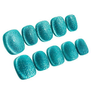 手作り ネイルチップ ショート 短め ラウンド つけ爪 無地 青 緑 水色 キャットアイ マグネット 人気 おしゃれ 可愛い 付け爪 10枚入り (#93 L)