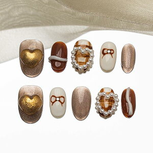 手作り ネイルチップ ショート 短め ラウンド 茶色 ブラウン ホワイト つけ爪 3D パール 手描き デザイン おしゃれ 付け爪 10枚入 (#213 M)