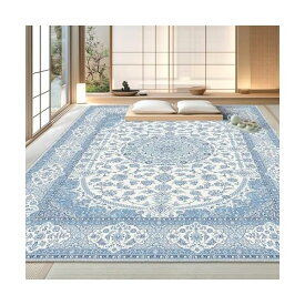 200×250cm 洗えるラグ ペルシャ風 花柄 ブルー 防音 長方形 ウォッシャブル オールシーズン快適 滑り止め加工 家庭用 リビング 寝室用 薄手 短毛 色落ちしにくい お手入れ簡単 折り畳み式 インテリア