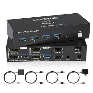�y2���j�^�[ �����o�́z8K HDMI KVM �ؑ֊� 2PC �ؑ� �f���A�� �f�B�X�v���C HDMI 2����2�o�� USB 3.0 2���� 4�o�� �f���A�� ���j�^�[ KVM �X�C�b�`���[ �L�[�{�[�h �}�E�X ���L �ݑ�Ζ� �E�� �����j�^