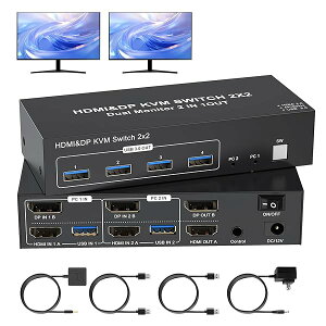 4K HDMI DisplayPort KVM�X�C�b�` 2����2�o�� KVM �ؑ֊� �p�\�R��2�䃂�j�^�[2��؂�ւ� 4��USB 3.0�|�[�g �L�[�{�[�h/�}�E�X/�v�����^�[/���̃f�o�C�X�Ή� �p�\�R���ؑ֋@ PC �ؑ֋@ USB �ؑ֊� Dis