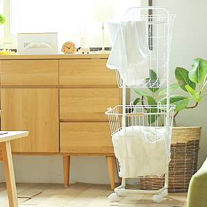 バスケットワゴン RIPS(リプス) ワイヤーバスケット 洗濯かご ランドリーボックス ランドリーワゴン 2段 脱衣かご 収納かご リビング 北欧 西海岸 ヴィンテージ ビンテージ ホワイト ブラ