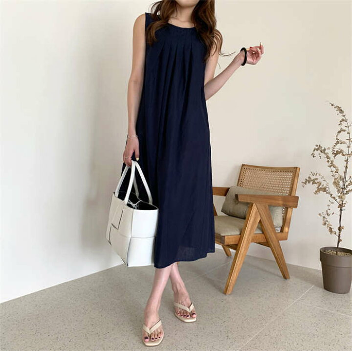 René basic ネイビー ノースリーブワンピース 34 Rene ルネ ひざ丈  