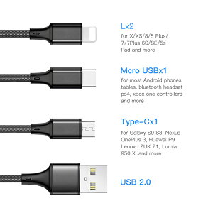 iOS/Micro USB/USB Type-C 3in1 �[�d�P�[�u�� ���C�g�j���O�P�[�u�� microusb typec �X�}�z iPhoneX/8/7/6/SE Android Xpeira AQUOS arrows Galaxy | iphone �A�C�t�H�� �A���h���C�h �P�[�u�� �[�d�� �^�C�vc �[�d �A�C�t�H