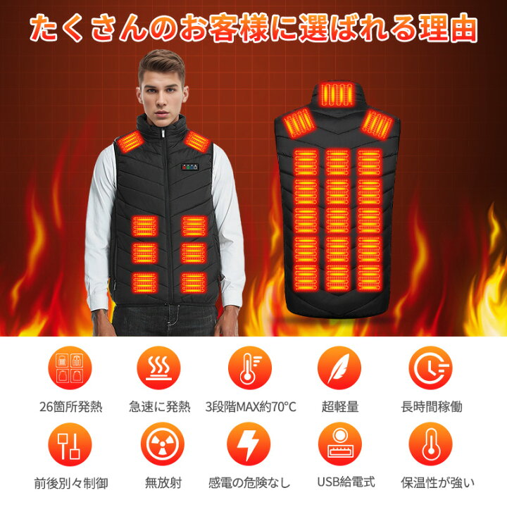 楽天市場】電熱ベスト 最新作 MAX約70℃ 加熱パネル26枚 USB給電式 2種 