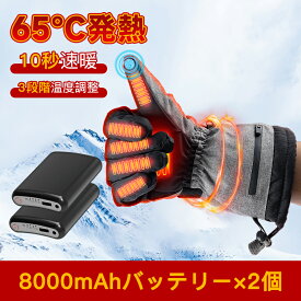 電熱グローブ バイク ヒーターグローブ 電熱手袋 冬用 8000mAhバッテリー usb充電式 スマホ操作 高機能保温中綿素材 裏起毛 3段階温度調整 撥水加工 防寒 滑り止め 10秒速暖 反射ストリップ付き男女兼用 メンズ レディース ギフト
