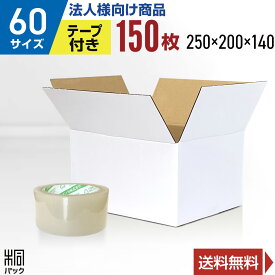 【法人特価】段ボール 箱 白 60サイズ 150枚 + 透明テープ セット (3mm厚 250x200x140) きれい ギフト プレゼント 段ボール 60 宅配 梱包 通販 資材 用 セット 日本製 安い A式 みかん箱 ダンボール箱 60 らくらく メルカリ 便 ラクマ フリマ