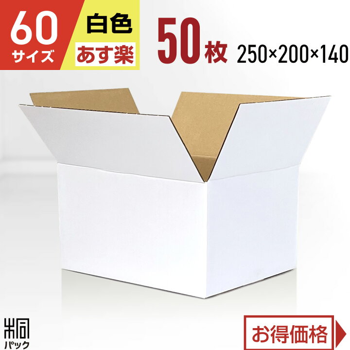楽天市場】白 ダンボール 段ボール 60サイズ 50枚 (無地 250x200x140 