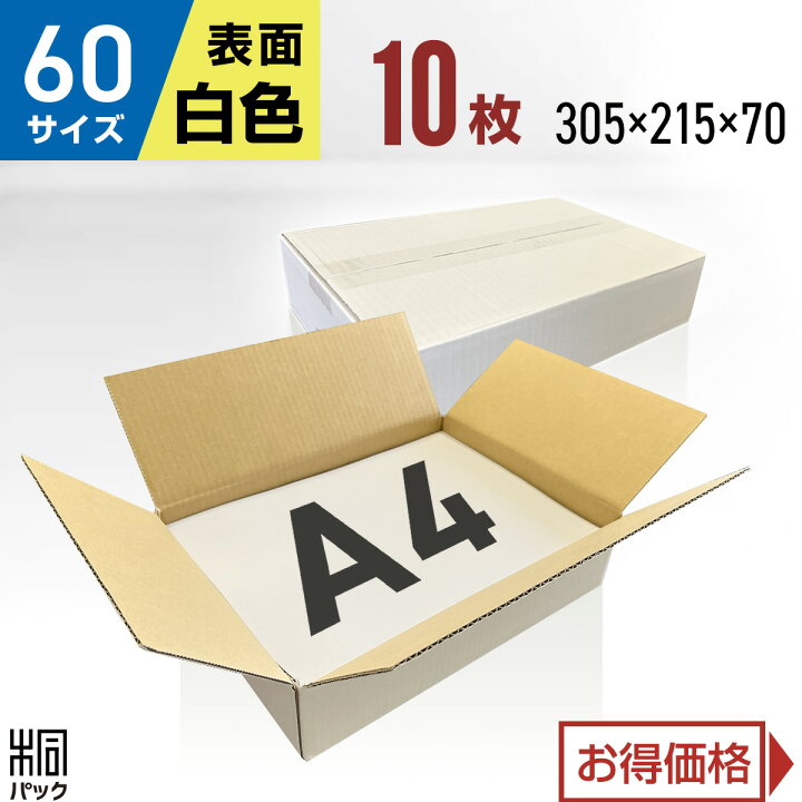 楽天市場】白 ダンボール 段ボール 60サイズ A4 10枚 (無地 305x215x70 