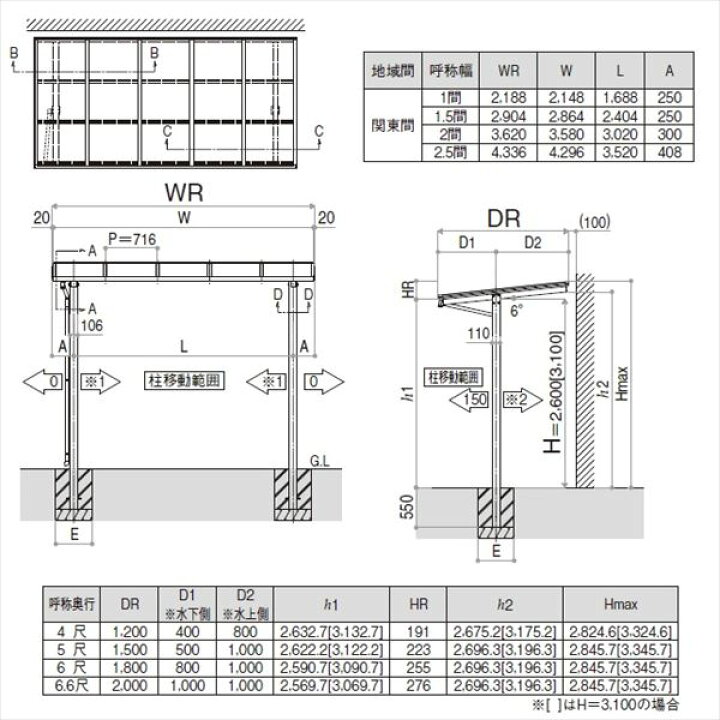 楽天市場 Ykkap 独立テラス屋根 600n M2 レセパ 2間 4尺 ロング柱 H3100 T字構造タイプ 熱線遮断ポリカ 後付け アルミカラー エクステリアのキロ楽天市場支店